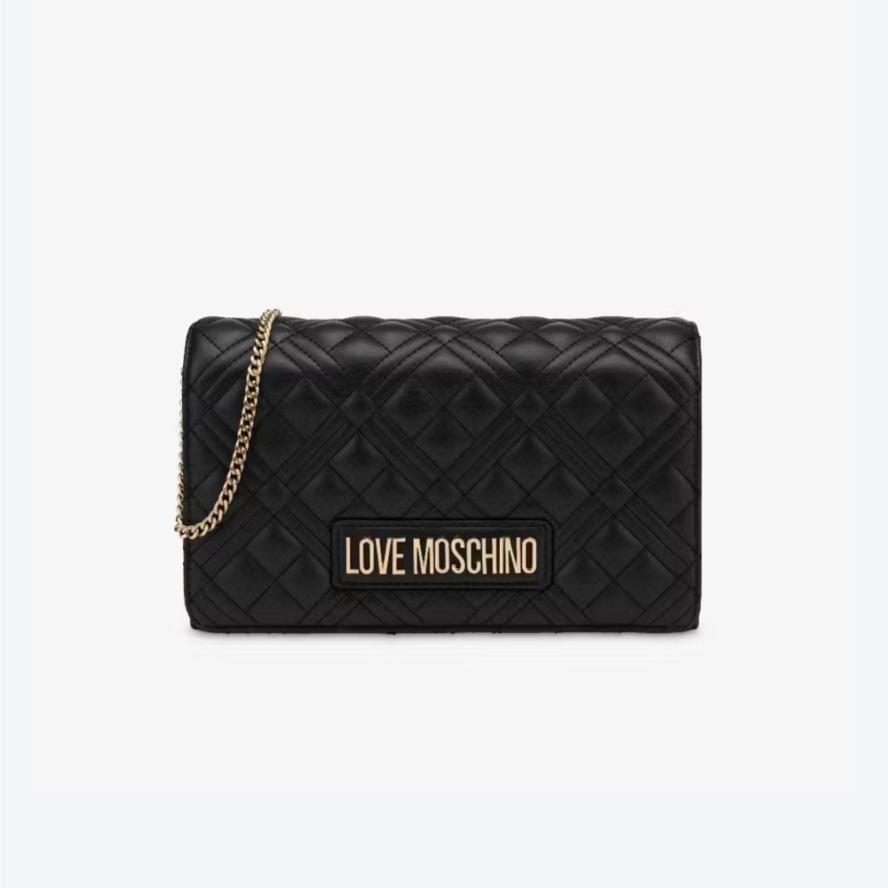 LOVE MOSCHINO Shiny Quilted Crossbody with Gold-Tone Logo and Gold-Tone Chain